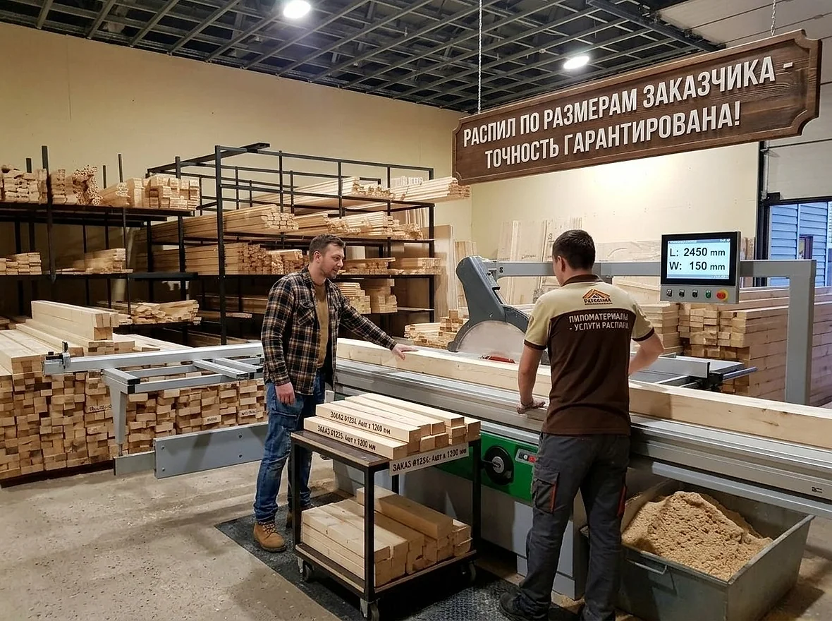 Мастер распиливает доску по размерам покупателя на форматно-раскроечном станке в торговом зале